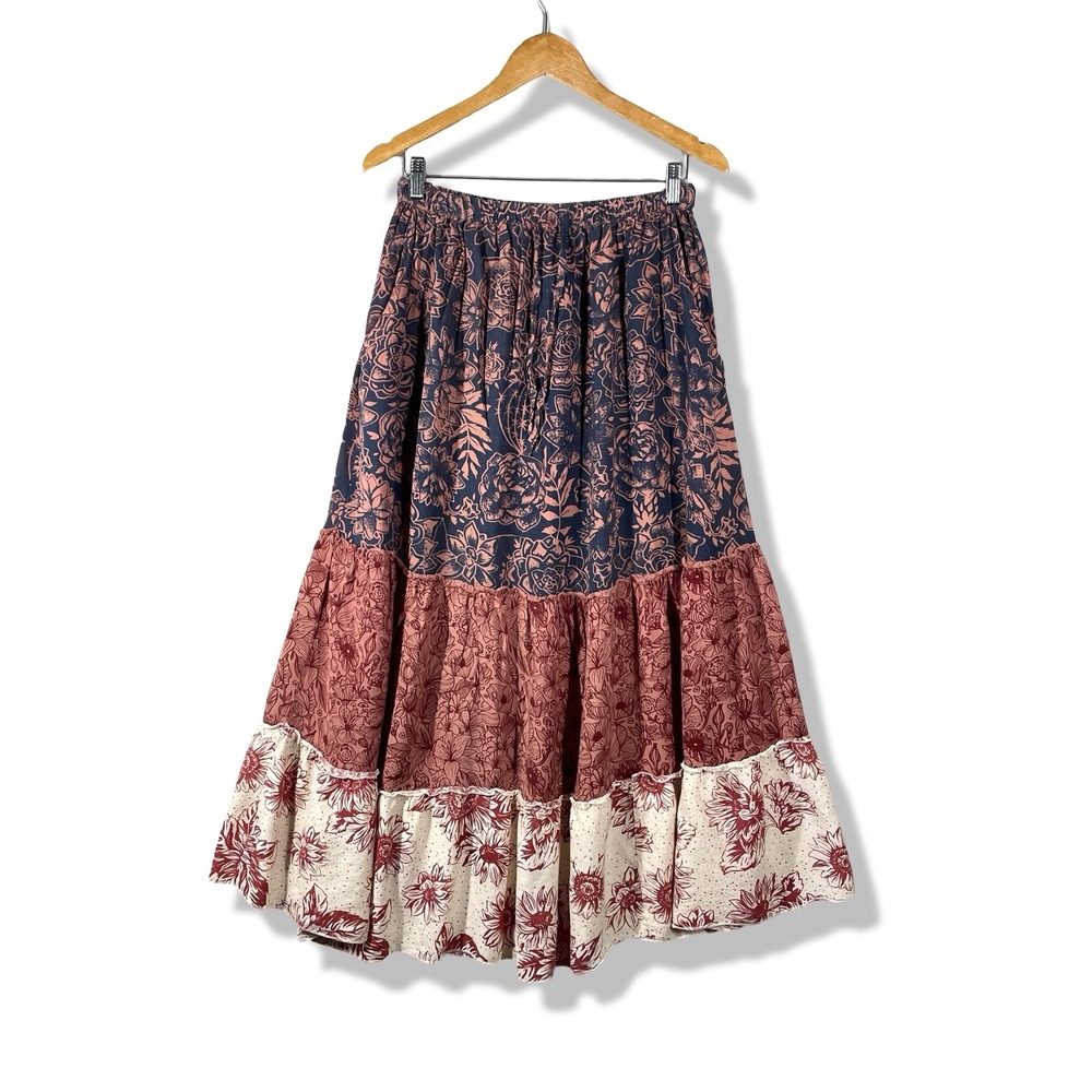 Lakhays Tiered Maxi Skirt Womens M/L Multicolor Boho Floral Cottagecore Peasant
